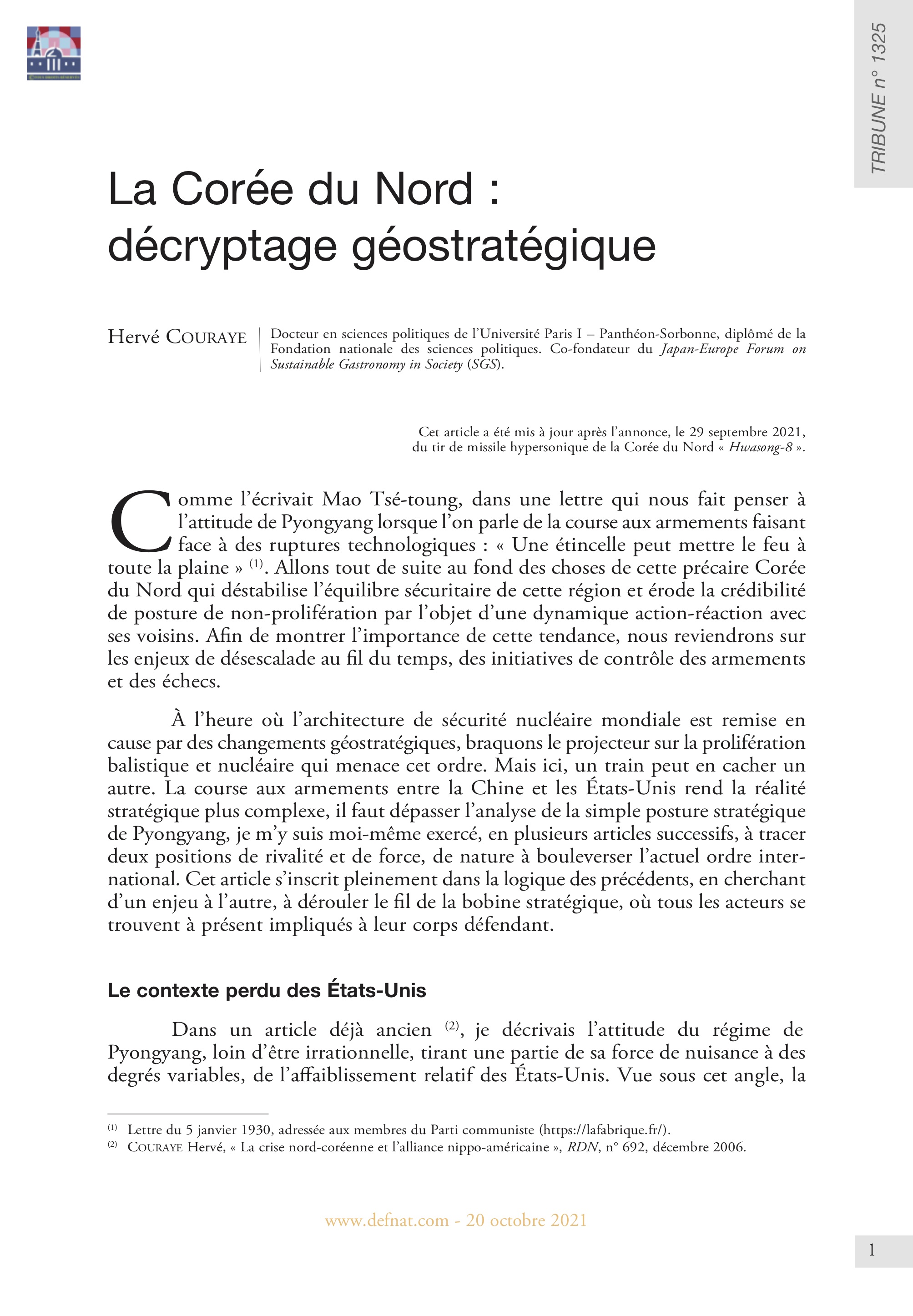 La Corée du Nord : décryptage géostratégique (T 1325)
